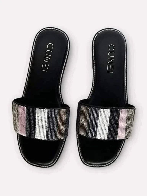 Black - Multicolored Beaded Flats - cunei